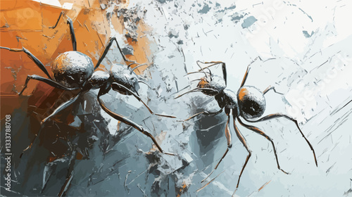 High-angle, close-up macro photograph of two ants appearing to be engaged in a duel or fight.  The ants are predominantly grey and silver in color, with one exhibiting a more metallic sheen.  The