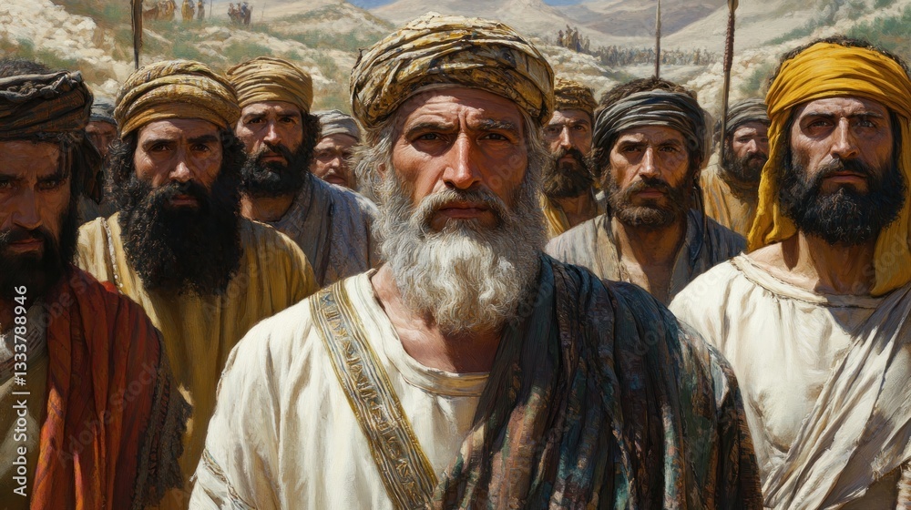 Obraz premium Middle Eastern men in turbans, desert landscape background, group portrait