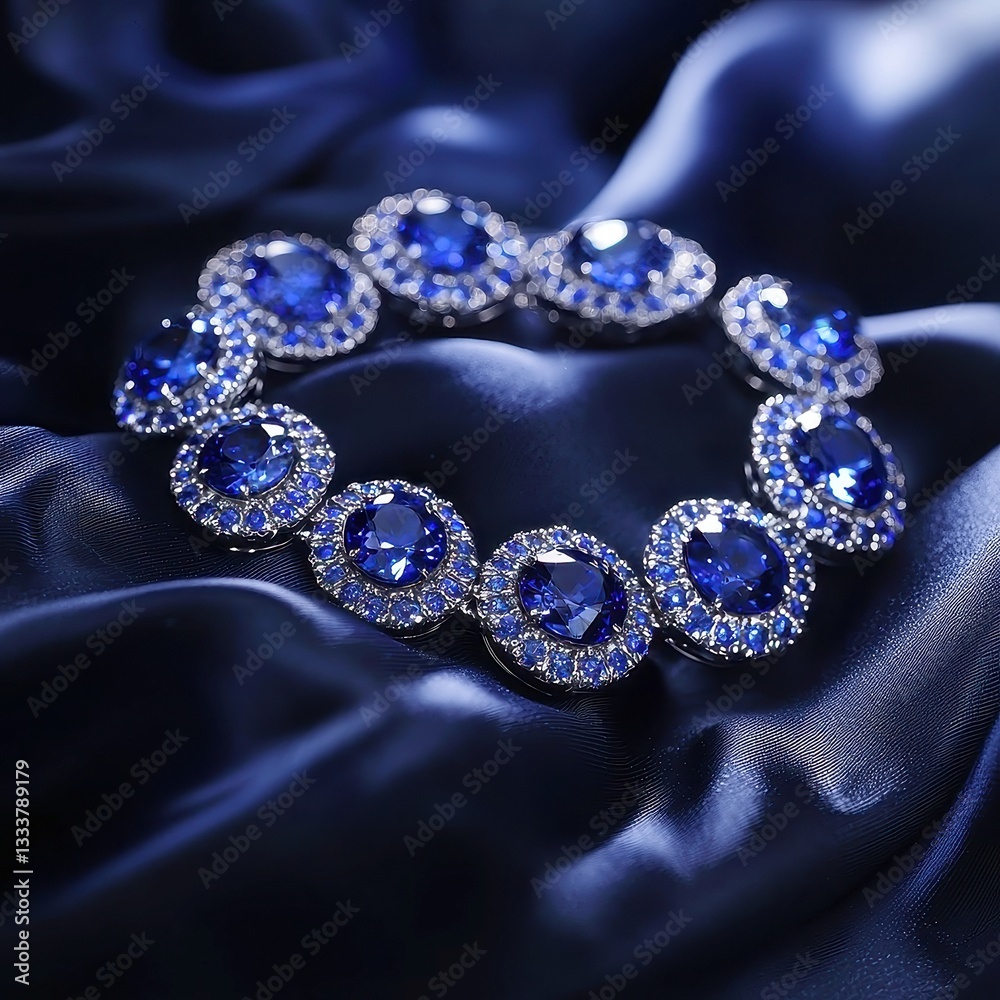 Obraz premium Sapphire and Diamond Artisan Necklace on Black Silk, exquisite craftsmanship highlighted by brilliant sapphires and diamonds, showcasing intricate detailing and deep blue elegance