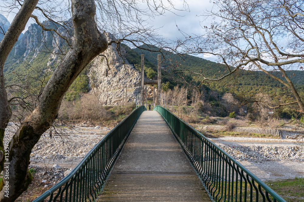Hanging bridge of Pyli village over Portaikos river, near Trikala, Greece