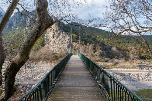 Obraz na płótnie Hanging bridge of Pyli village over Portaikos river, near Trikala, Greece w salonie