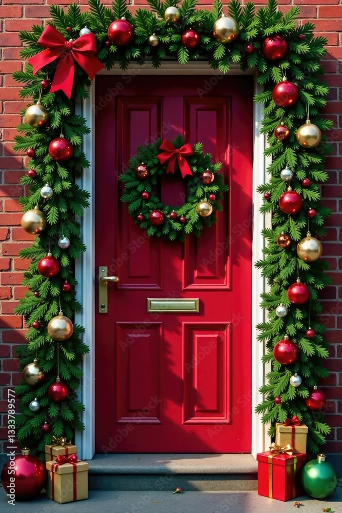 Fototapeta premium Festive Christmas door decorated with ornaments and flowers, christmas, festive, garland