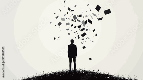 The image is a minimalist digital illustration featuring a black silhouette of a man standing on a small, dark mound.  Numerous small, dark, irregularly shaped fragments are falling or floating