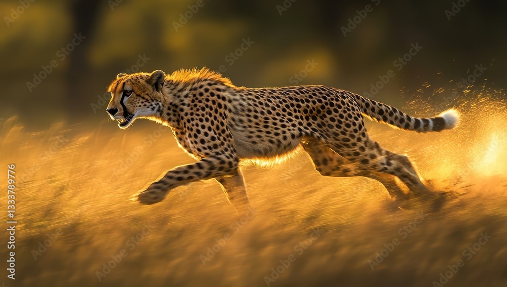 Obraz premium Majestic Cheetah Running Across Golden Grassland in the Wild, Captured in Vibrant Sunset Light, Showcasing Speed and Grace of Nature's Creatures