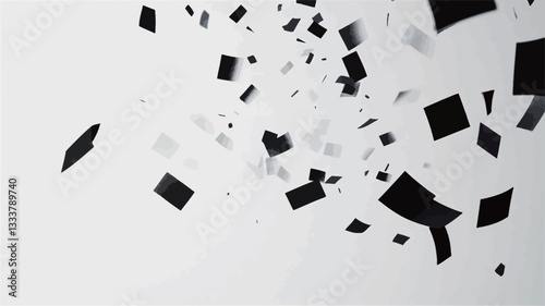 The image depicts a digitally rendered abstract composition featuring numerous small, black, square-shaped particles scattered against a white background.  The particles appear to be in motion,