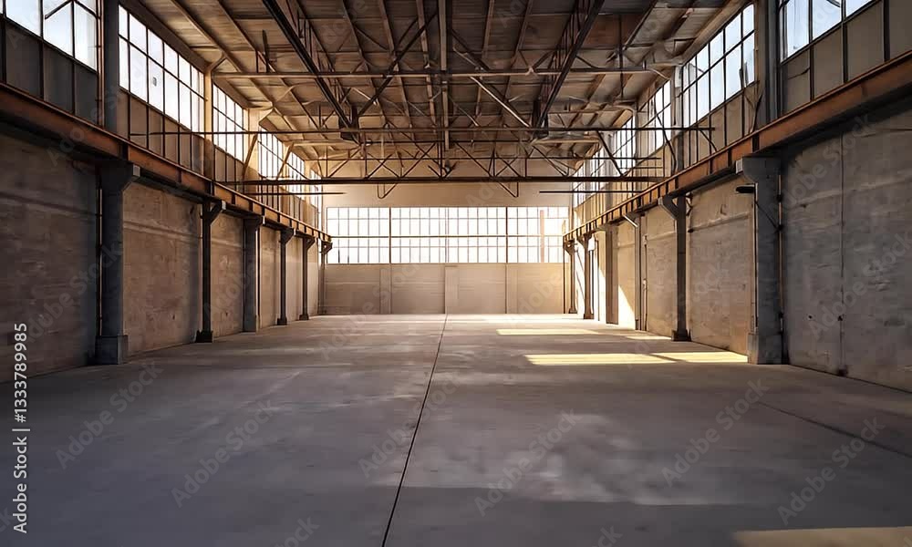 A vast, empty industrial warehouse bathed in natural light, with concrete and steel infrastructure. A vast, empty industrial warehouse bathed in natural light, with concrete and steel infrastructure.