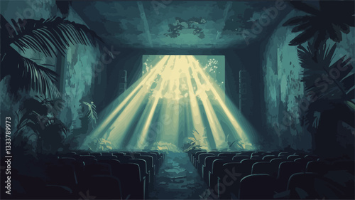 The image is a digital illustration depicting the interior of a movie theater.  The theater is unusually designed with lush tropical foliage flanking the large screen.  Bright, converging light