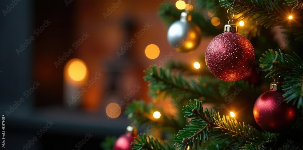 Festive Christmas tree with sparkling balls and lights, bright, merry, lights Festive Christmas tree with sparkling balls and lights, bright, merry, lights
