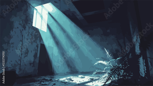 The image depicts a digital painting or illustration of a dark, possibly abandoned, interior space.  The dominant feature is a bright beam of light emanating from a high, small window, creating