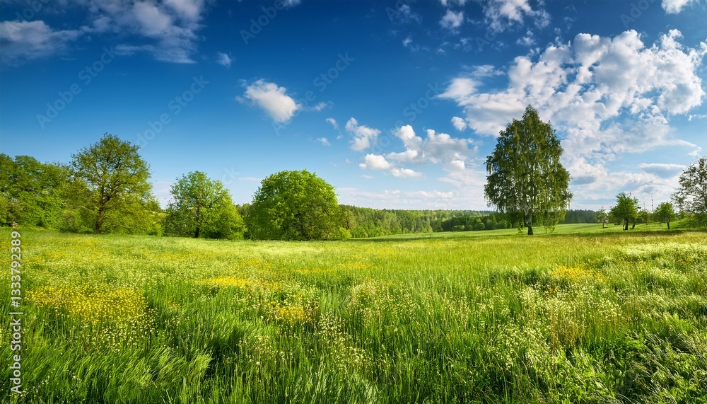 Fototapeta premium beautiful spring summer natural landscape with a meadow of grass trees and blue sky with clouds on a bright sunny day
