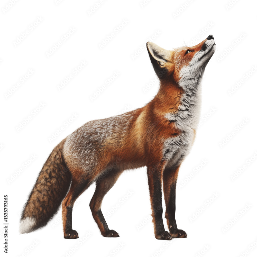 Obraz premium A Red Fox Standing and Looking Up at the Sky on Transparent Background