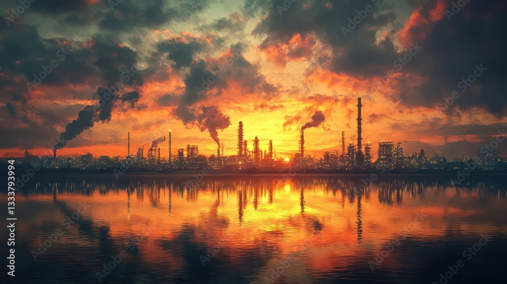 Naklejka premium An industrial cityscape reflected in water during a colorful sunset