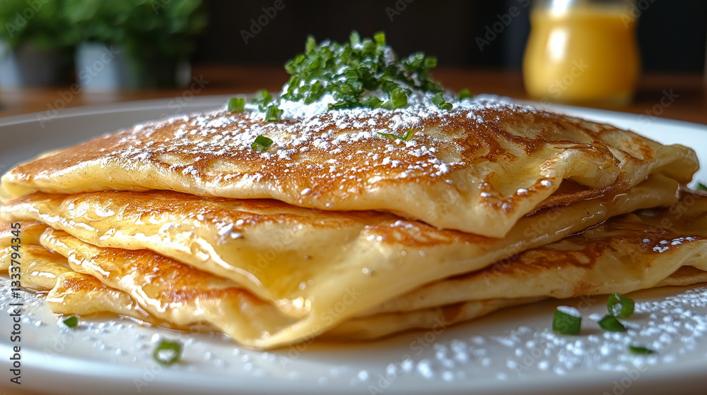 Delicious french toast crepes are topped with fresh strawberries, maple syrup and powdered sugar, creating a tempting breakfast treat. Delicious french toast crepes are topped with fresh strawberries, maple syrup and powdered sugar, creating a tempting breakfast treat.