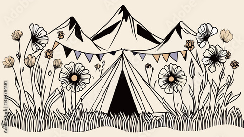 Camping Scene with Mountains and Flowers