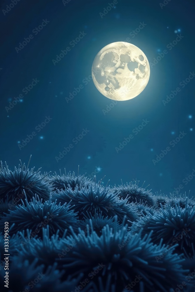 Glowing full moon casts an otherworldly light on frosty grass, darkness, night Glowing full moon casts an otherworldly light on frosty grass, darkness, night