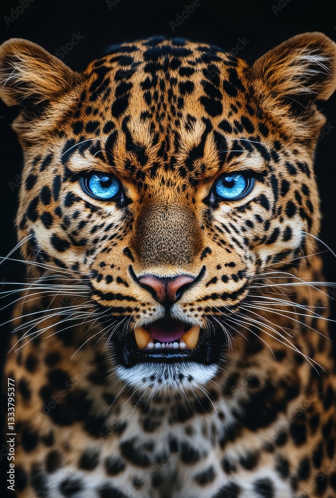 Naklejka premium Majestic close-up of a fierce leopard with striking blue eyes and detailed fur patterns against a dark background showcasing natural beauty and intensity.