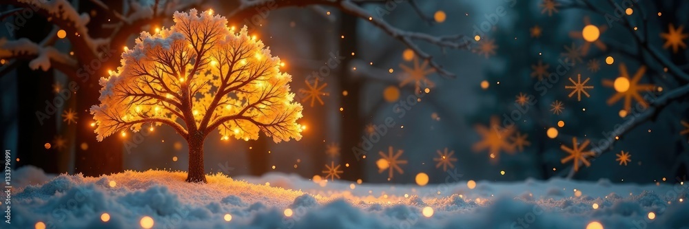 Glowing golden abstract tree with sparkling snowflakes, snowflake, sparkles, ornament Glowing golden abstract tree with sparkling snowflakes, snowflake, sparkles, ornament