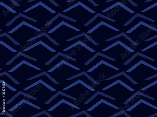 Mountains, waves, lines, triangles. Deep blue colors. Style and fashion. Seamless vector pattern for design and decoration. 