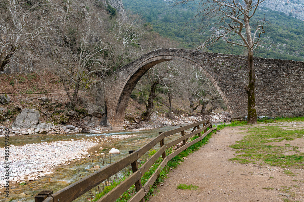 Saint Vissarion stone arched bridge (Porta, Portaikos) near Pyli village, Thessaly, Greece