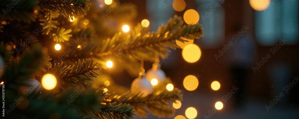 Glowing golden flakes dance in the light of a twinkling Christmas tree, tree, festive Glowing golden flakes dance in the light of a twinkling Christmas tree, tree, festive