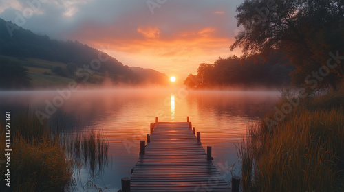 Tranquil Lakeside Sunrise with Mist and Wooden Dock