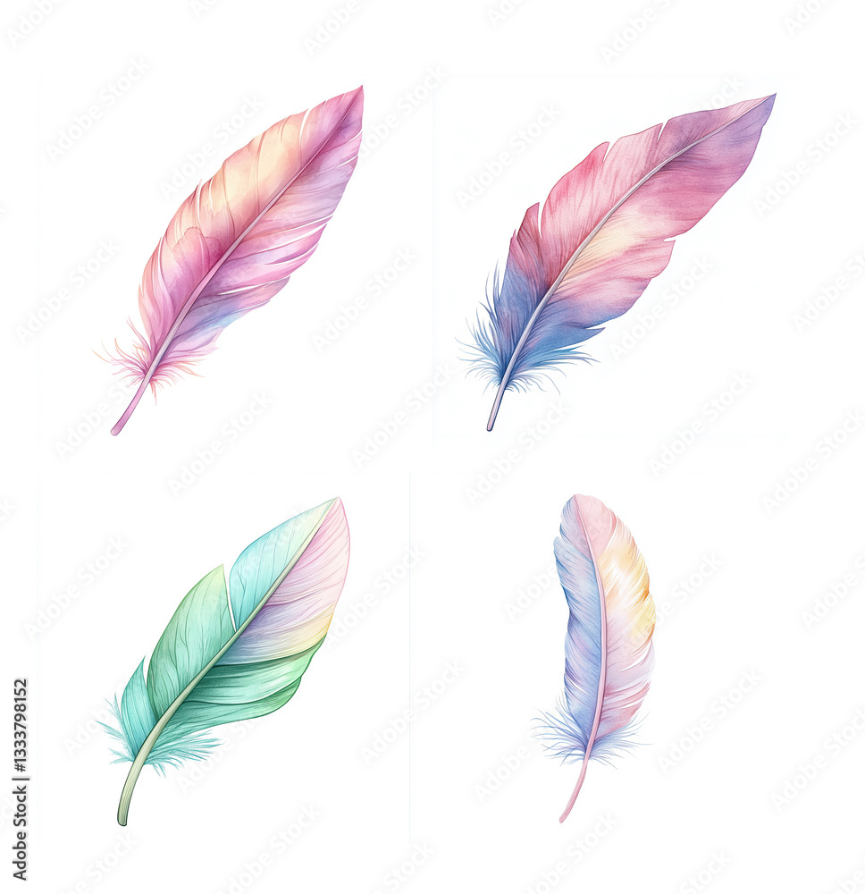 Set of Elegant Feather Quill Watercolor Illustration Design for Luxury Branding Set of Elegant Feather Quill Watercolor Illustration Design for Luxury Branding