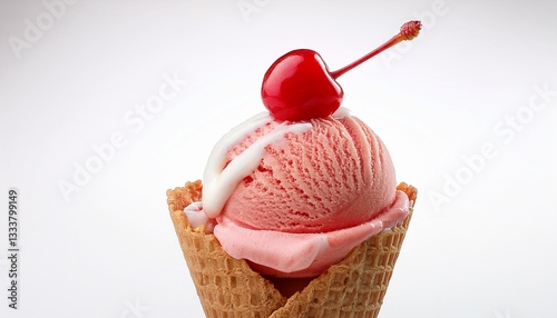 a strawberry ice cream in a waffle cone topped with cherry on a white background