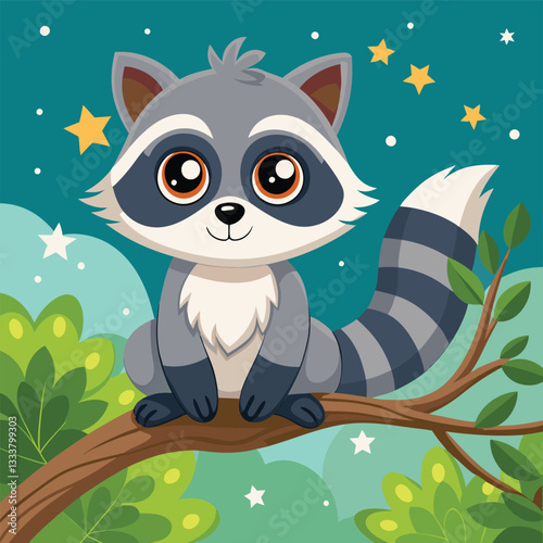 A cute raccoon sitting on a tree branch under the night sky with stars