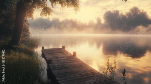 Tranquil Lakeside Sunrise with Mist and Wooden Dock