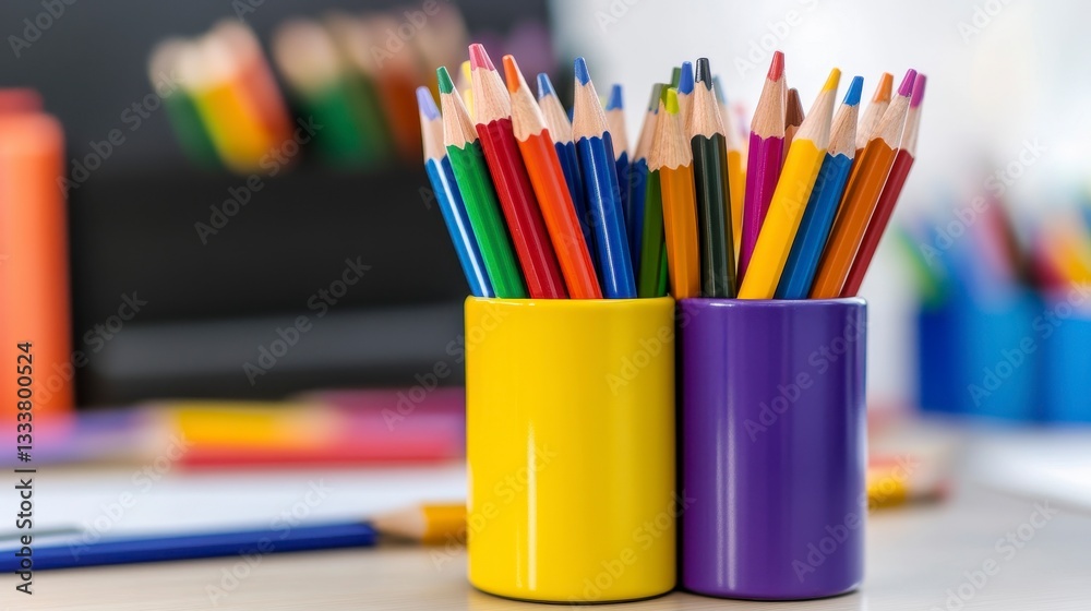 Fototapeta premium Colorful Pencils in Bright Containers on a Modern Workspace Desk