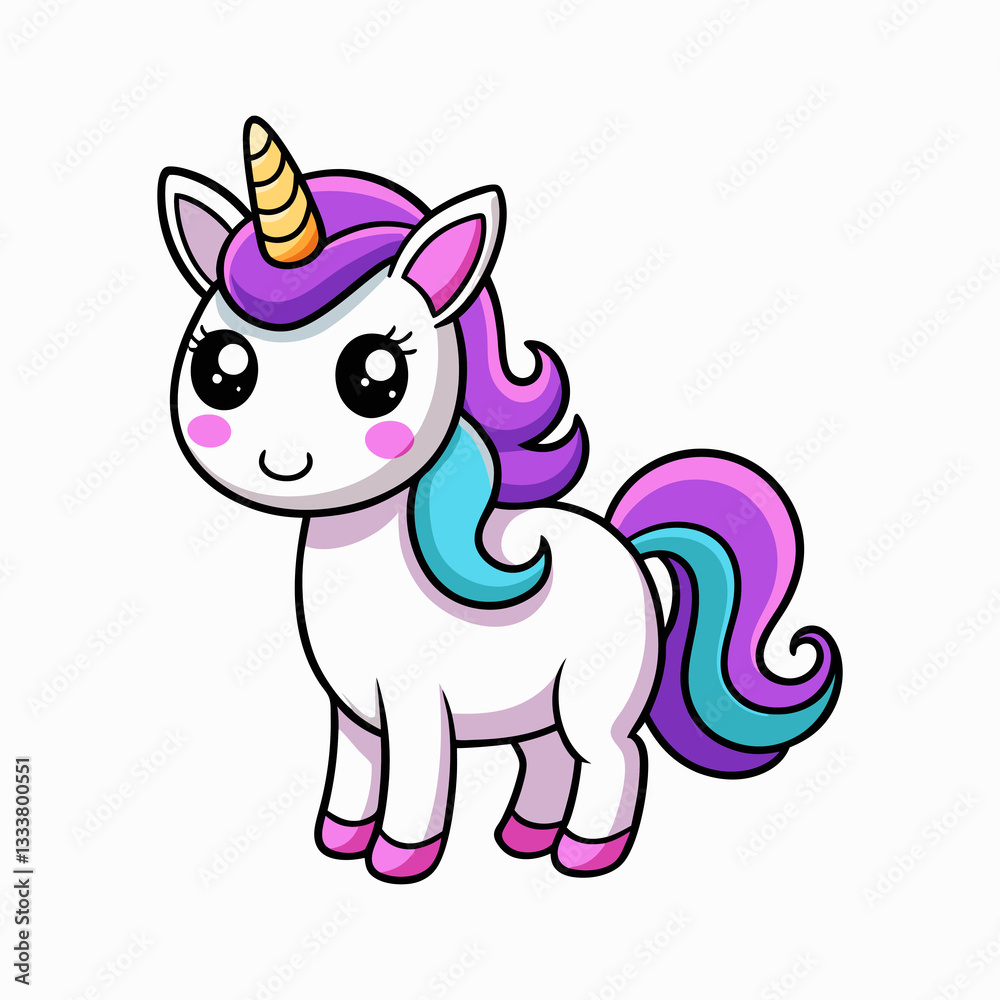 Naklejka premium Cute Cartoon Unicorn with Rainbow Mane and Tail