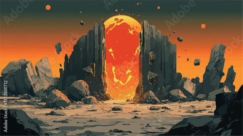 A digital painting depicting a large, glowing orange portal set within a rocky, desert-like landscape. The portal is framed by dark, angular stone structures, seemingly cracked and broken.  Smaller