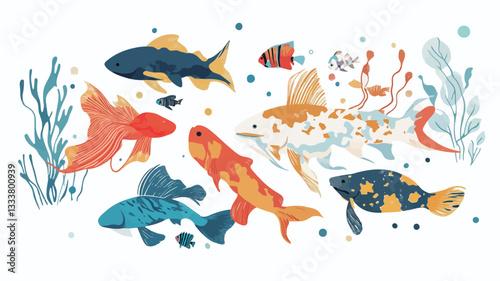 An illustration featuring a variety of colorful fish in various styles and sizes. The fish are depicted in a cartoonish, slightly abstract style, with simplified shapes and bold colors.  The