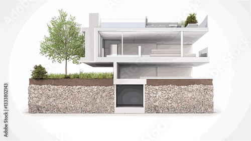 A 3D rendering of a modern house model presented in a cutaway view, revealing the internal structure and foundation. The model shows a two-story house with a flat roof and a green roof element.
