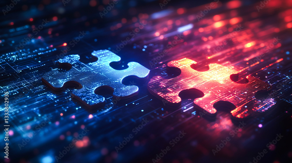 Digital representation of API integration concept with two interlocking puzzle pieces against a futuristic tech-inspired abstract background, symbolizing connectivity and interoperability Digital representation of API integration concept with two interlocking puzzle pieces against a futuristic tech-inspired abstract background, symbolizing connectivity and interoperability