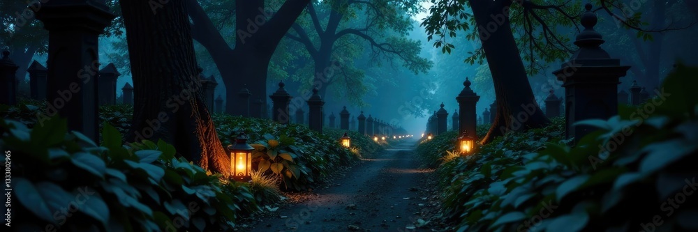 Naklejka premium Lanterns illuminate a path through the overgrown graveyard, darkness, path