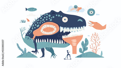 A digital illustration depicting a stylized dinosaur in teal and blue hues, with an open mouth revealing an internal orange structure. The style is cartoonish and flat, with simple shapes and