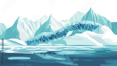 Digital illustration depicting a stylized glacial landscape. The scene features jagged, snow-covered mountains and icebergs of varying sizes, rendered with a low-poly or faceted style.  The ice