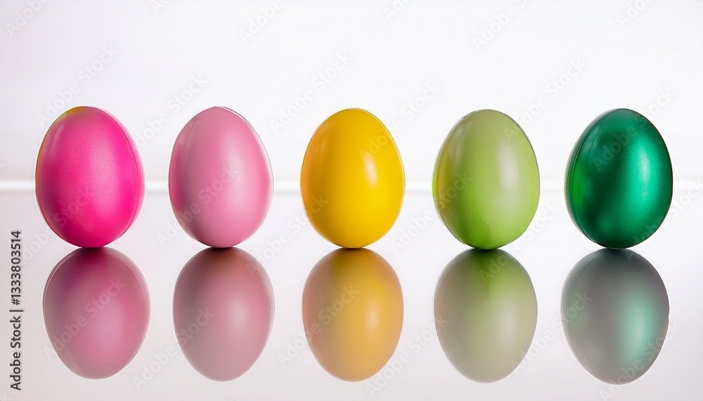 a row of eggs with different colors including pink yellow and green on white background with reflections