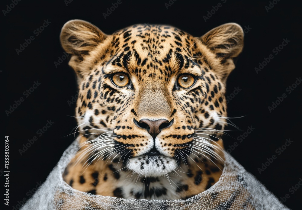 Obraz premium Majestic close-up of a leopard with striking features and mesmerizing eyes set against a dark background, illustrating the beauty of wildlife and nature conservation.