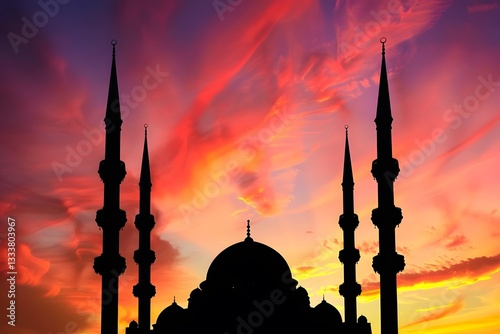 Mosque minarets standing tall against a colorful sunset sky, offering a stunning silhouette.