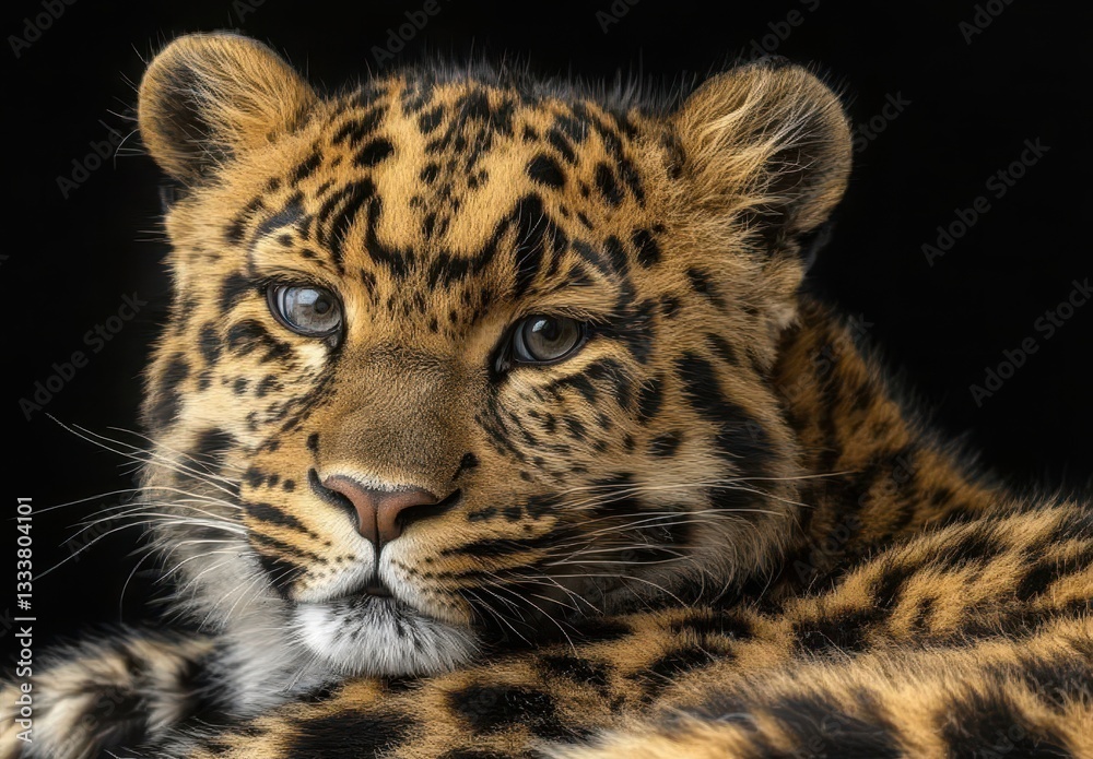 Obraz premium Majestic close-up of a leopard with striking fur patterns and piercing eyes against a dark background, showcasing the beauty of wildlife in its natural habitat.