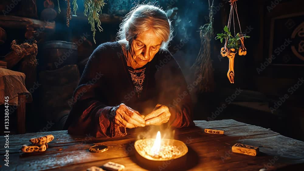 An Elderly Witch Engaging in the Crafting of Spells Within a Mystical Cabin An Elderly Witch Engaging in the Crafting of Spells Within a Mystical Cabin