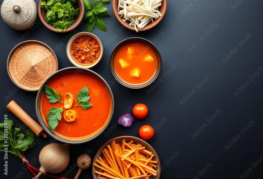 Fototapeta premium Overhead view of vibrant Thai red curry and tom yum soup ingredients arranged artistically on a dark background, food poster, illustration design