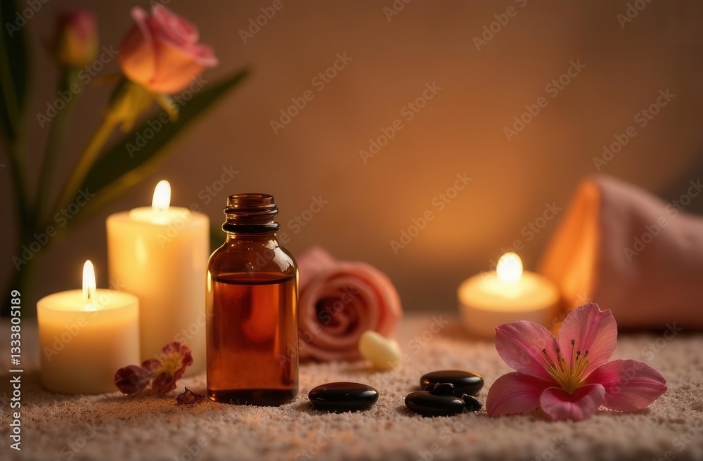 Relaxing spa setting with candles, aromatherapy oils, and flowers for tranquil ambiance Relaxing spa setting with candles, aromatherapy oils, and flowers for tranquil ambiance