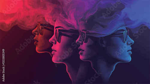 Digital illustration featuring three female profiles rendered in a stylized manner. Each profile is partially obscured by a cloud of vibrant, colored smoke, primarily red, blue and purple. The