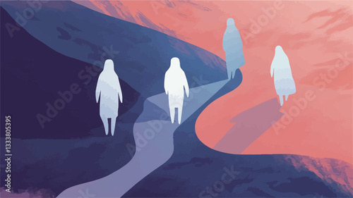 The image is a digital illustration depicting four translucent white silhouettes of human figures walking along a winding path. The path is light gray and appears to lead toward a sunset. The