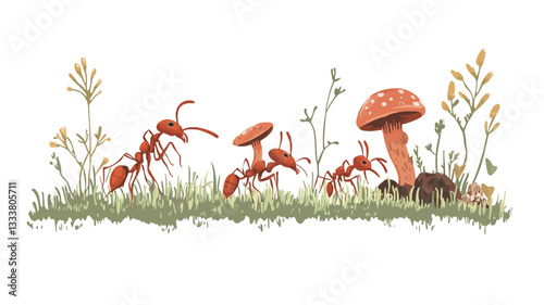 A digital painting or illustration depicting a horizontal scene of several red ants interacting near and around small mushrooms and wildflowers.  The style is illustrative, with a focus on detail