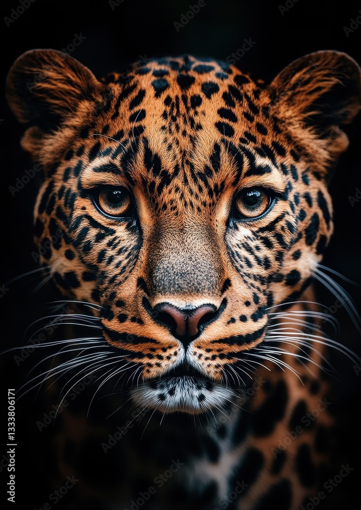 Majestic Close-Up of a Realistic Leopard with Striking Spots Showcasing Intense Eyes and Vibrant Fur Against a Dark Background Majestic Close-Up of a Realistic Leopard with Striking Spots Showcasing Intense Eyes and Vibrant Fur Against a Dark Background