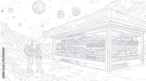 The image is a grayscale line drawing depicting two figures, possibly hikers, with backpacks standing before a futuristic kiosk or small store. The kiosk is highly detailed, showing shelves stocked